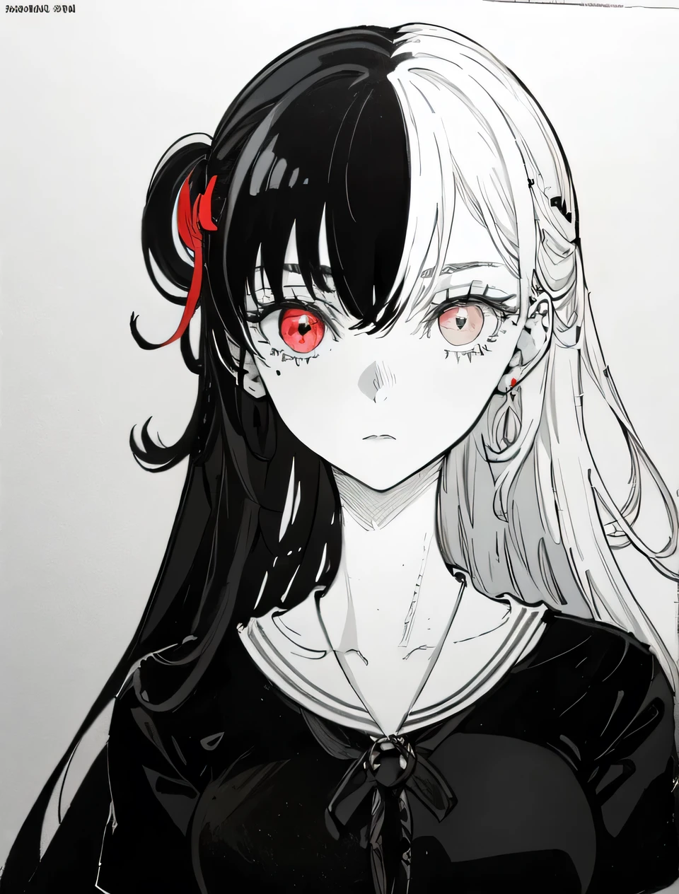 Black and white color scheme, highly detailed, ultra-quality, monochrome illustration. A single girl (1girl) with long, half-black and half-white mixed hair. Precise black and white hair division with natural blending. Odd eyes: left eye is pure white, right eye is deep black. Emotionless, calm expression. The entire character design follows a black and white contrast theme. She is in a white room with a pure white background, enhancing the striking monochrome aesthetic. The composition emphasizes elegance and balance between black and white elements, ensuring a refined and visually compelling artwork