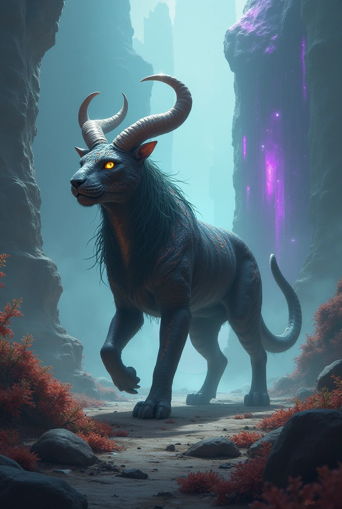 Mythology,the chimera stands under the moon which shines all around with its light
