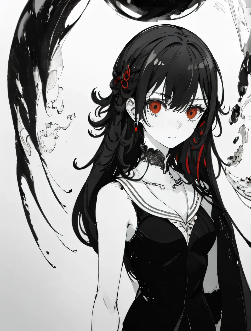 Black and white color scheme, highly detailed, ultra-quality, monochrome illustration. A single girl (1girl) with long, half-black and half-white mixed hair. Precise black and white hair division with natural blending. Odd eyes: left eye is pure white, right eye is deep black. Emotionless, calm expression. The entire character design follows a black and white contrast theme. She is in a white room with a pure white background, enhancing the striking monochrome aesthetic. The composition emphasizes elegance and balance between black and white elements, ensuring a refined and visually compelling artwork, ((RED EYES))
