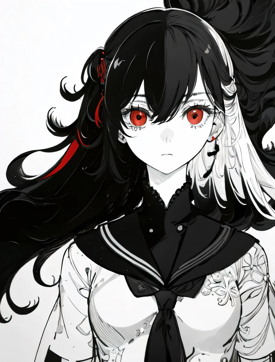 Black and white color scheme, highly detailed, ultra-quality, monochrome illustration. A single girl (1girl) with long, half-black and half-white mixed hair. Precise black and white hair division with natural blending. Odd eyes: left eye is pure white, right eye is deep black. Emotionless, calm expression. The entire character design follows a black and white contrast theme. She is in a white room with a pure white background, enhancing the striking monochrome aesthetic. The composition emphasizes elegance and balance between black and white elements, ensuring a refined and visually compelling artwork, ((RED EYES))