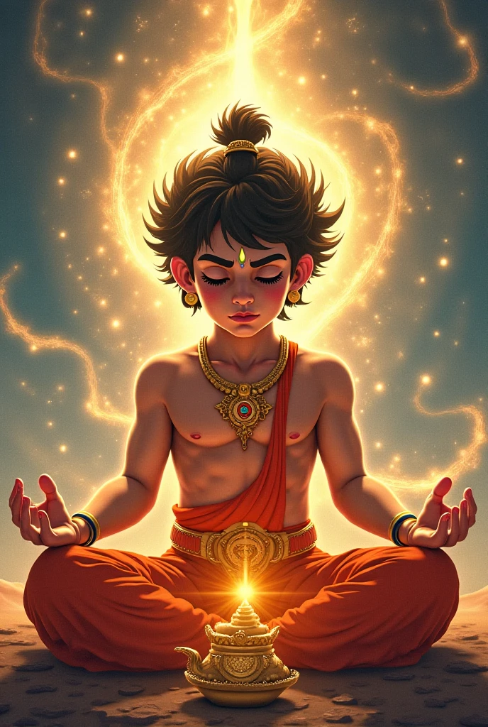 A painting of Haridas Ji, a devotee and devoted follower of Lord Hari, sitting in a meditative pose. Haridas Ji is shown wearing a simple white loincloth, which symbolizes his ascetic lifestyle. He has a lean body, innocent and emotional face. He is holding a japa mala in one hand, his fingers are moving slowly on the mala and he is completely immersed in the meditation of God, chanting the holy names. His head is completely shaven, and his forehead is adorned with a distinct Vaishnava tilak, the holy symbol of Vaishnavism, on his lean, young body, which enhances the aura of his devotion. Despite his young age, Haridas Ji's face is calm, yet his eyes are filled with tears of devotion remembering God. In the background is a small thatched hut, with light from outside entering the hut, softly illuminating Her figure, highlighting Her beautiful face and the tears on Her cheeks. The overall atmosphere conveys a deep feeling of devotion.