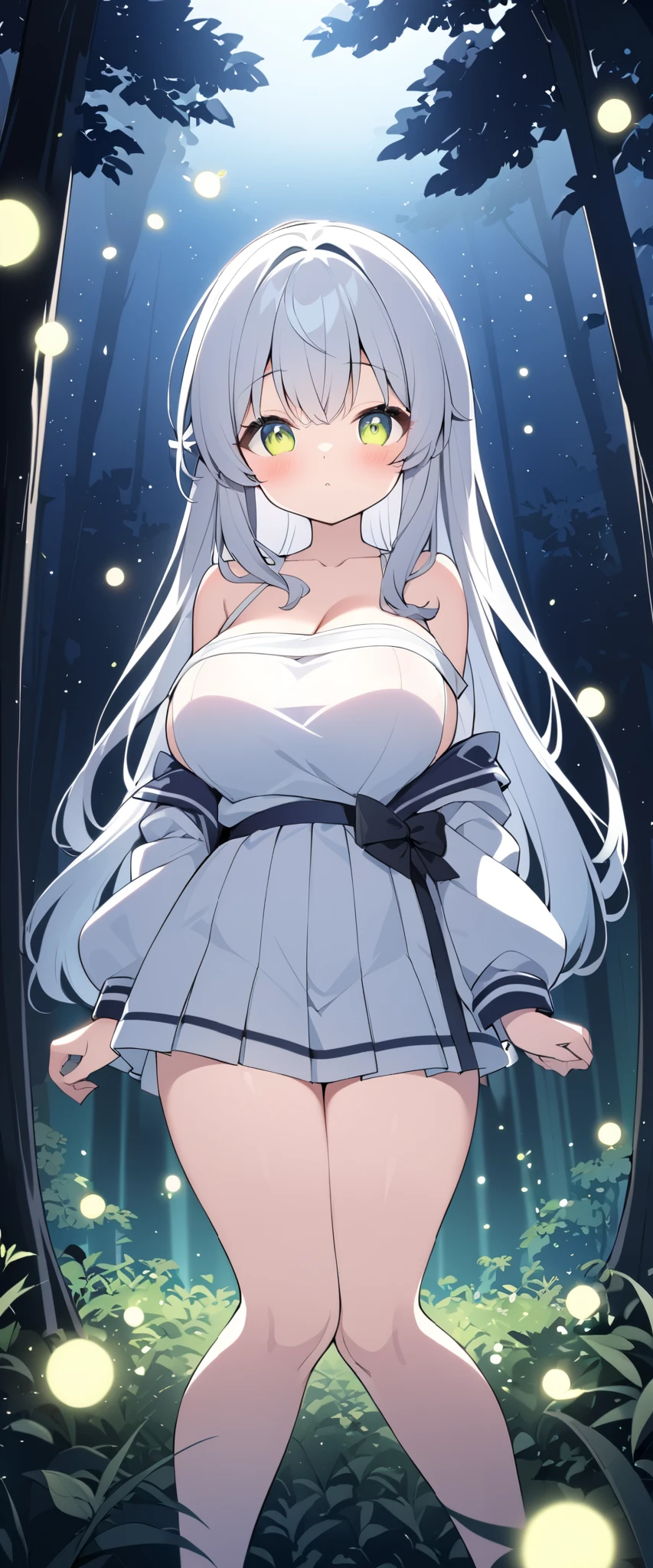 1 girl, shirt, Off Shoulder , ,Big breasts,From the front, Petite,All White, JK skirt,student girl,The background is a forest, show the lower part of the chest,night,There are many fireflies。