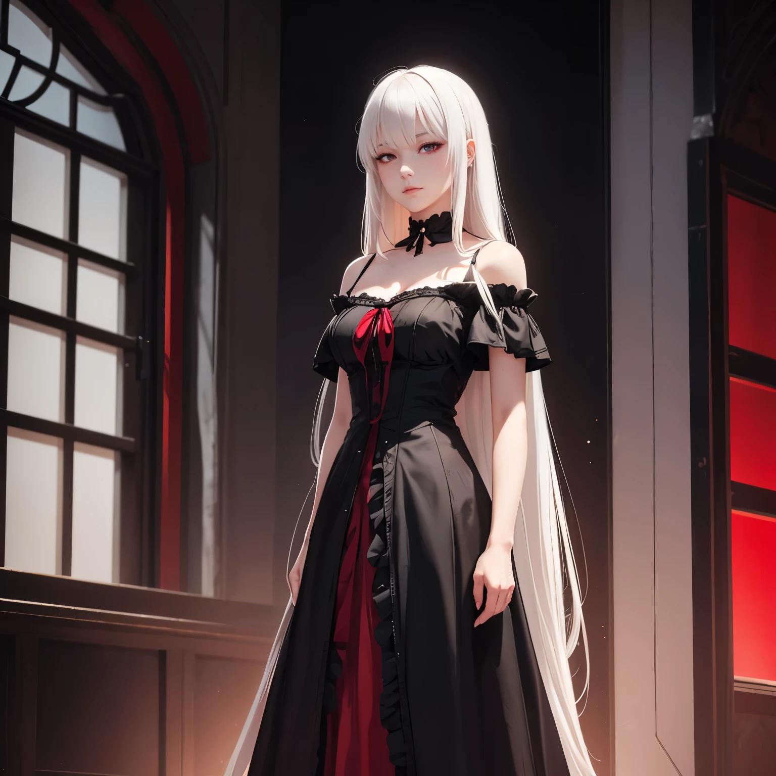 woman, anime style, realistic, white hair, bangs, long straight hair, victorian dress, black dress, off shoulder dress, red eyes, empty eyes, no emotion, no smile, no makeup, dark background, old vintage, red light, no sunlight.