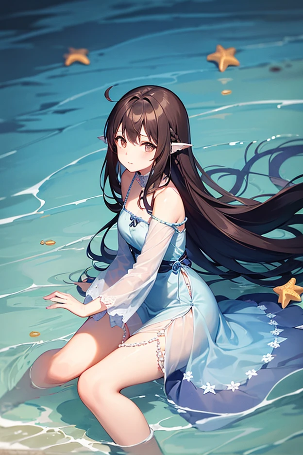 beautiful detailed eyes, beautiful detailed lips, summer dress, sitting on the edge of the pool, swinging her legs, surrounded by underwater lights, reflecting on the water surface, vibrant colors, surreal ambiance, dreamy atmosphere, soft focus, gentle ripples, serene expression.