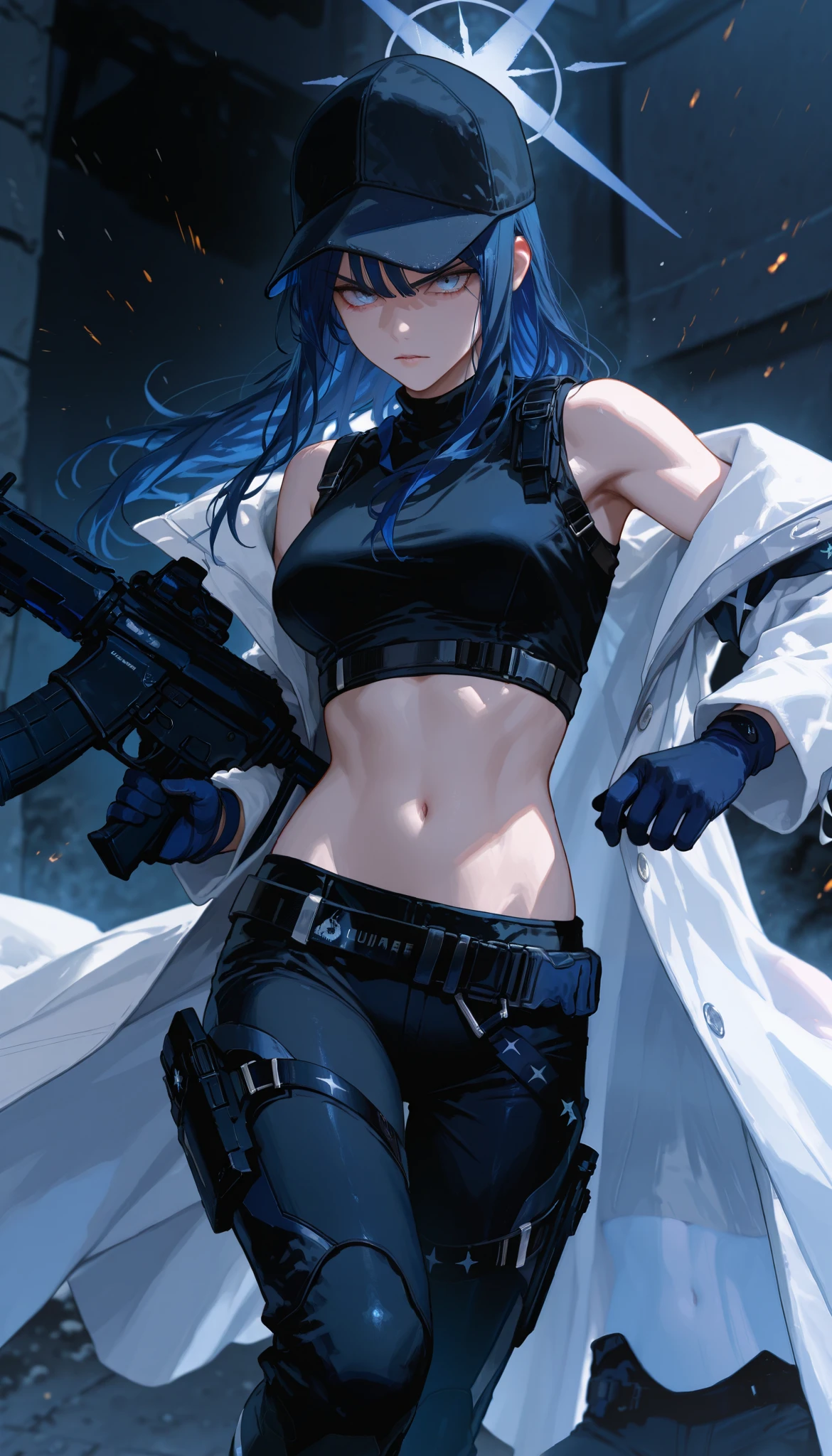 saori joumae , blue eyes , blue hair , halo , long hair , bare arms , bare shoulders , belt , black headwear , black pants , black shirt , blue gloves , crop top , gloves, midriff , navel, shirt , sleeveless, white coat, open coat, long sleeves, looking at viewer, action poses, holding assault rifle