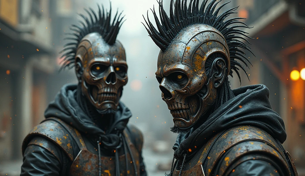 postapocalypse  warrior, skull, skeleton, mech, cybertech, 4k, highest quality,grunge aesthetics, grunge textures, washed out colors