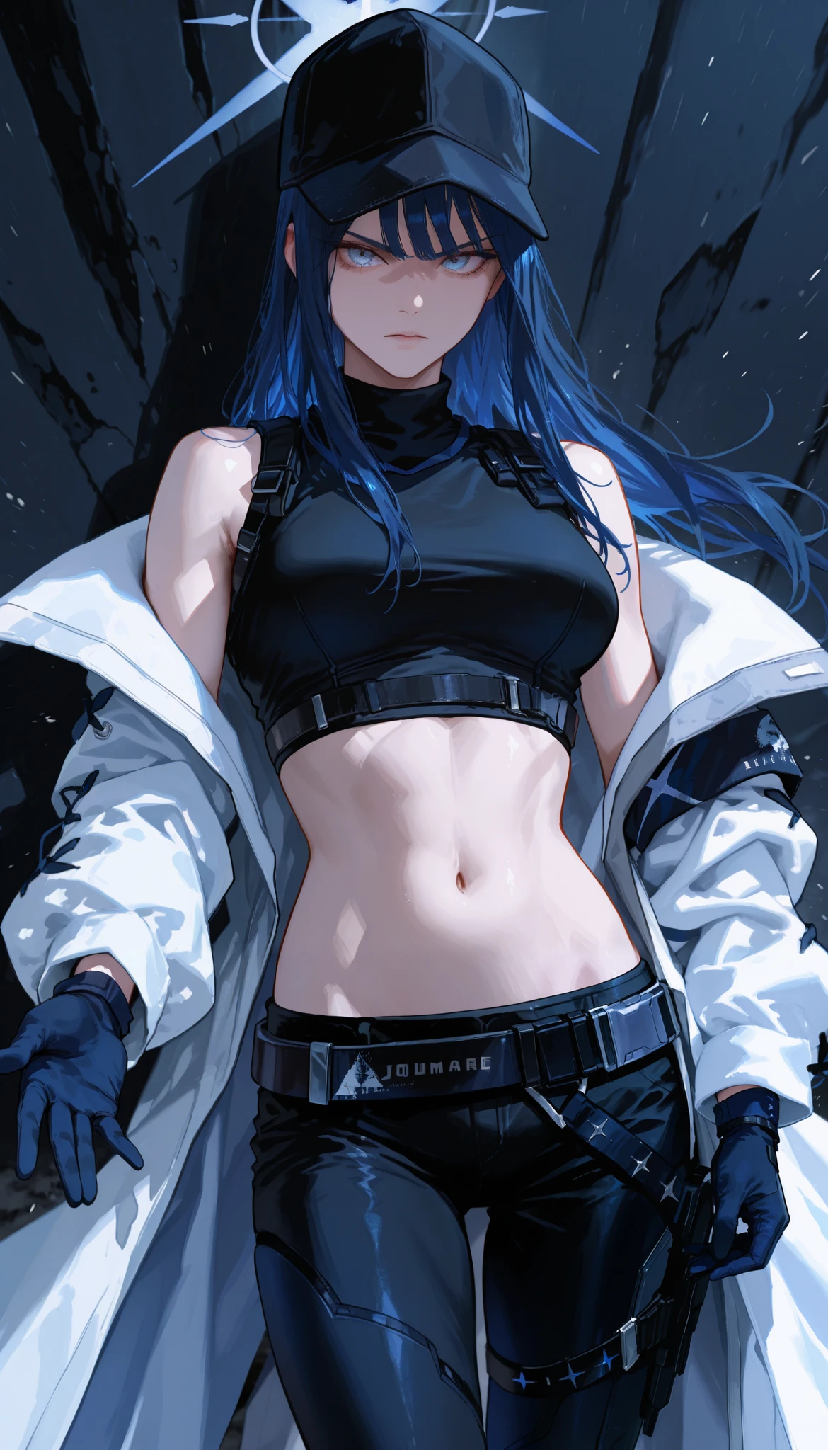 saori joumae , blue eyes , blue hair , halo , long hair , bare arms , bare shoulders , belt , black headwear , black pants , black shirt , blue gloves , crop top , gloves, midriff , navel, shirt , sleeveless, white coat, open coat, off shoulder, long sleeves, looking at viewer, action poses,