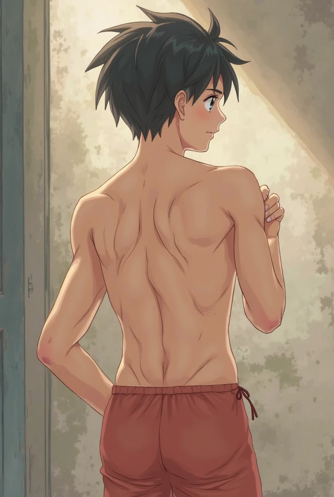 (absurdres, highres, ultra detailed), masterpiece, 20 year old boy in white towel around waist, solo, handsome, short hair, brown eye, finely eye, detailed face, (forehead), topless, bathroom, dimly lit bathroom background, full body view, steam, from behind, look back