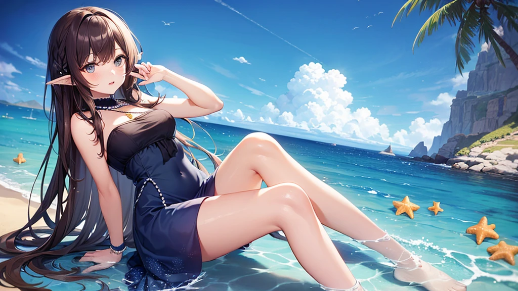 Blue sea and sky in the background、Please draw a scene of a woman wearing a two-piece swimsuit relaxing on a swim ring.。She smiles、Enjoying the summer sunshine while being rocked by the waves。In the background、Sandy beaches and seaside scenery。