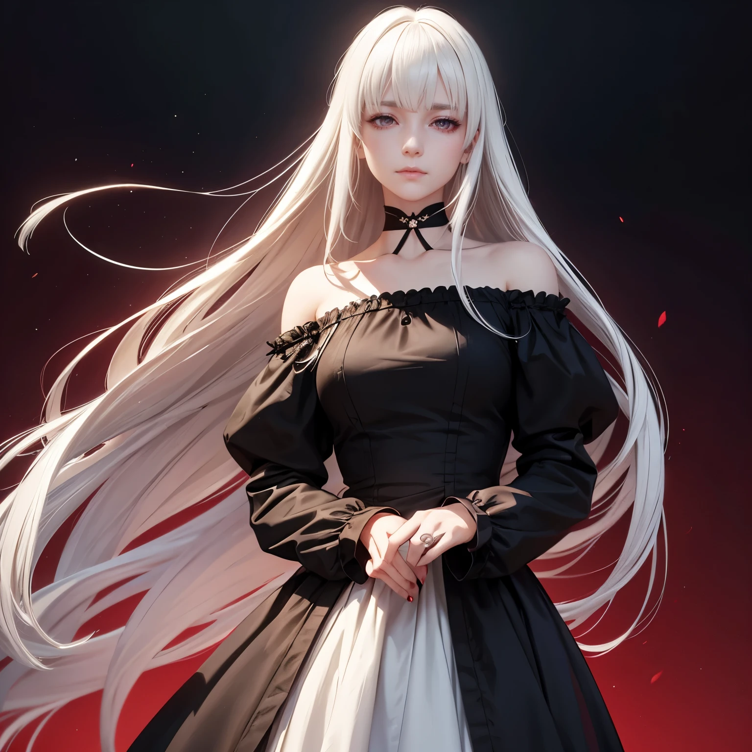 woman, anime style, realistic, white hair, bangs, long straight hair, victorian dress, black dress, off shoulder dress, red eyes, empty eyes, no emotion, no smile, no makeup, dark background, old vintage, red light, no sunlight.