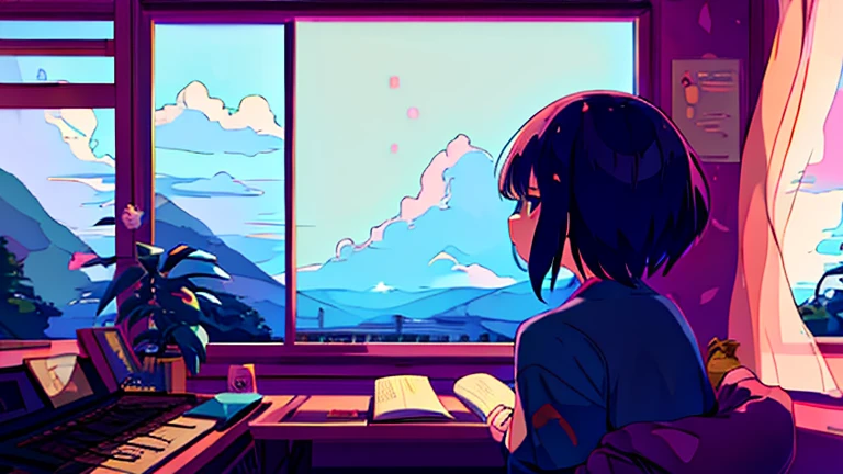 girl,kawaii,aesthetic and lofi vibes,sitting in the front of the window,short hair,Master piece,best quallity