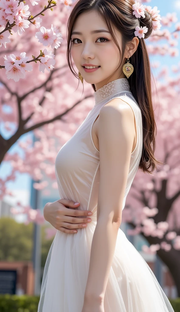 very realistic, ((best quality, 8 thousand, Masterpiece Details, ultra high resolution)), (looking at viewer), (full shot:), 5 attractive 21-year-old business women you want to have sex with, A little chubby:0.25, ((very large breasts)), (Non-breaststroke), White see-through long shirt, Wearing attractive T-panties, Cherry blossom viewing, I'm walking down a road lined with cherry blossom trees... Approaching the camera with arms outstretched, (((open your arms, I want to hug you.))), ((Free hug posture)), laugh, funny, happy expression,