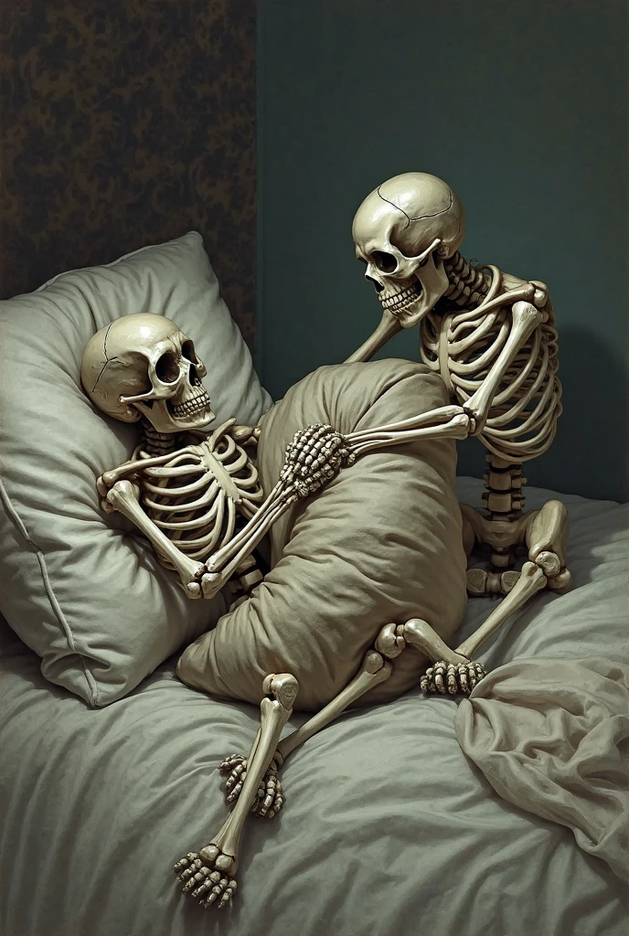 Create a digital artwork of someone sleeping on their back at night, with a skeleton-type ghost sitting on the person and choking them. The scene should be set in a dimly lit bedroom, but the details should be clear and visible. Moonlight filtering through a window should provide enough illumination to see the ghost and the person distinctly. The ghost should have a skeletal appearance with hollow eyes and bony hands gripping the person's neck, who appears distressed with wide-open eyes. Use a balanced color palette to ensure visibility while maintaining a chilling and intense atmosphere, with detailed contrasts of light and shadow to highlight the ghostly figure and the terrified individual.