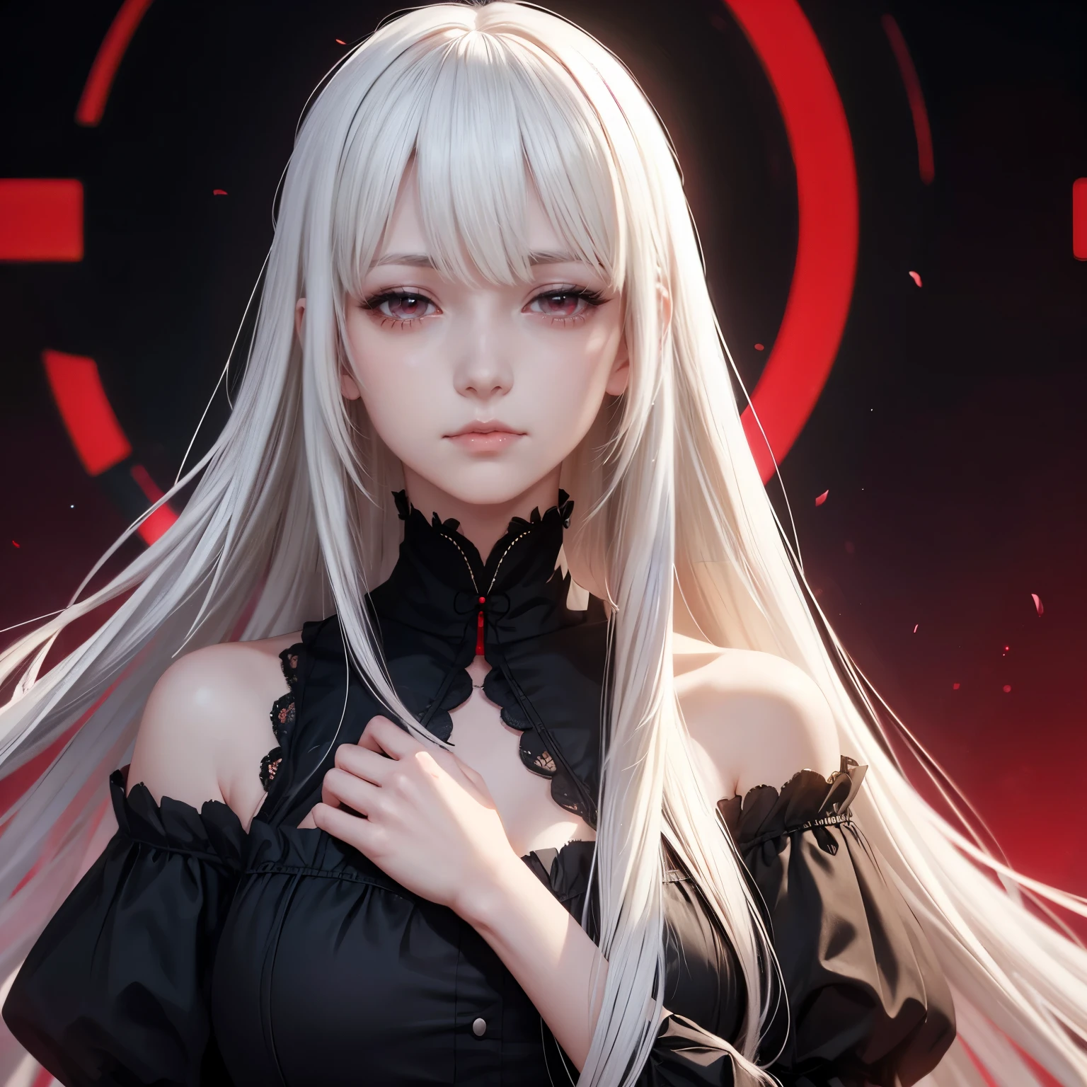 woman, anime style, realistic, white hair, bangs, long straight hair, victorian dress, black dress, off shoulder dress, red eyes, empty eyes, no emotion, no smile, no makeup, dark background, old vintage, red light, no sunlight.