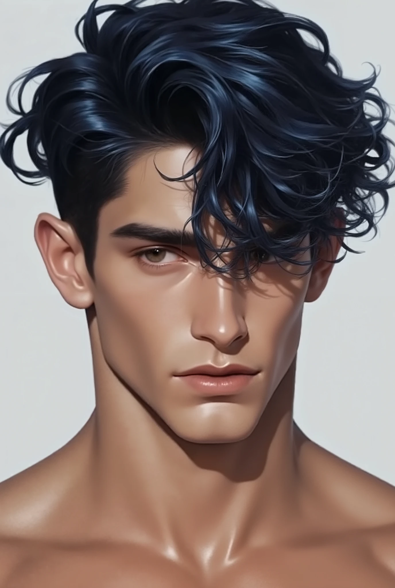 Make an 18 year old MAN with dark blue hair and long curly hair, lean physique with muscle