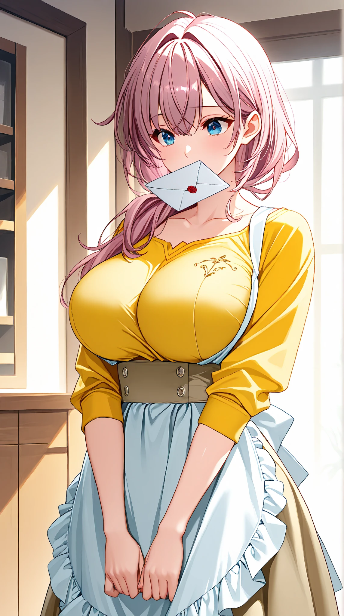 Tense_Kasumi, apron_rosado_white_Love, yellow_shirt_blue_ high waist skirt _skirt, Standing, Alone , big breasts,, Masterpiece, best quality, detailed letter, detailed eyes, highres,