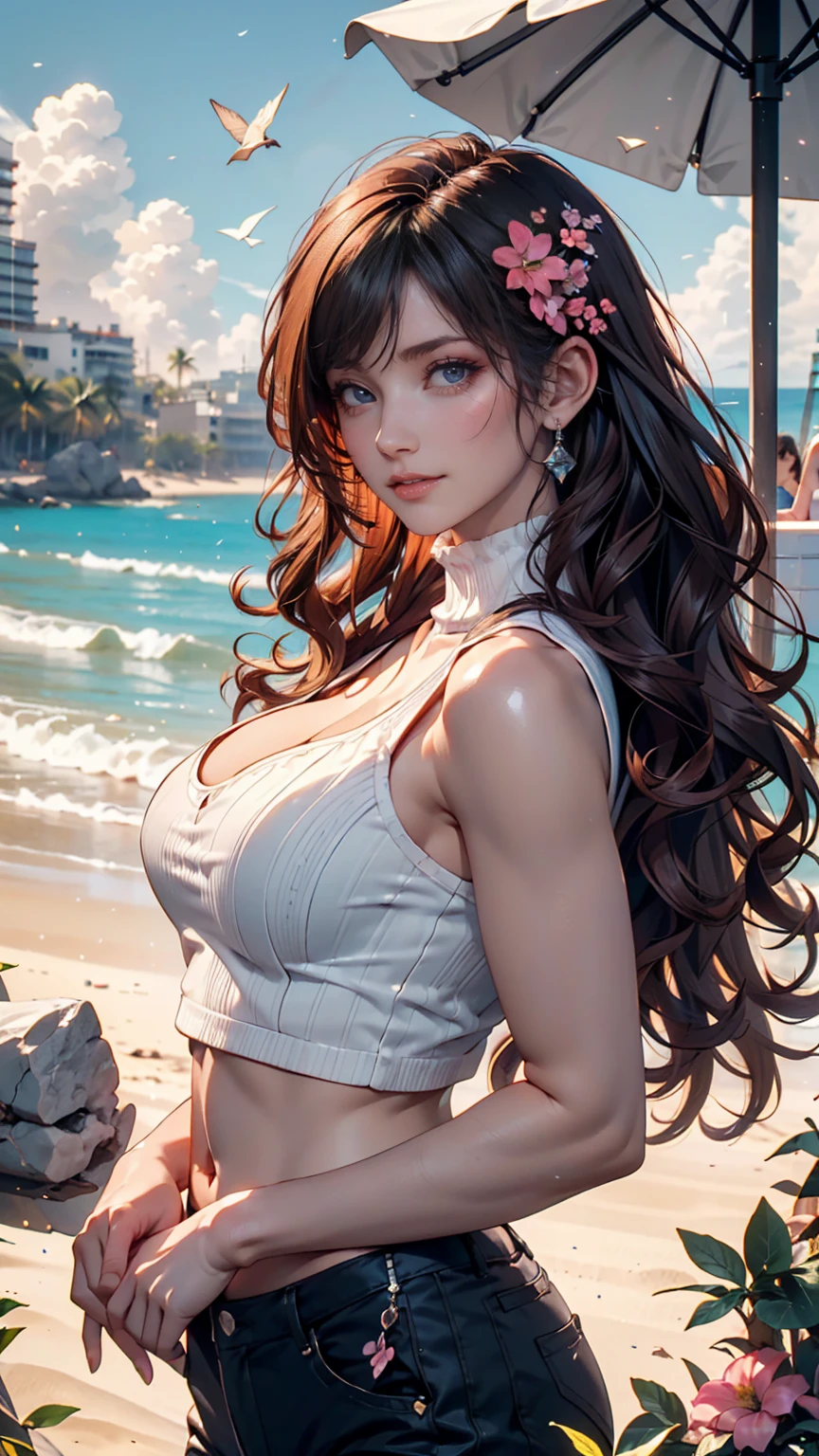 highest quality、masterpiece、Ultra-high resolution、A 23-year-old Caucasian woman of unparalleled beauty.、blue eyes、Dark Blonde、semi-long、Hair is wavy、The ends of the hair are curled upwards、Slim yet well-proportioned body、The sun is shining from above、Photorealistic images、8K quality、I&#39;I don&#39;t want my head to disappear from the screen..、My abs are ripped、I can see my belly button、She was wearing a logo top that revealed her underwear.、Wearing a mini pleated skirt。.、Wearing high heels、In front of a boutique window、Iクラッチバッグを持っています、smile