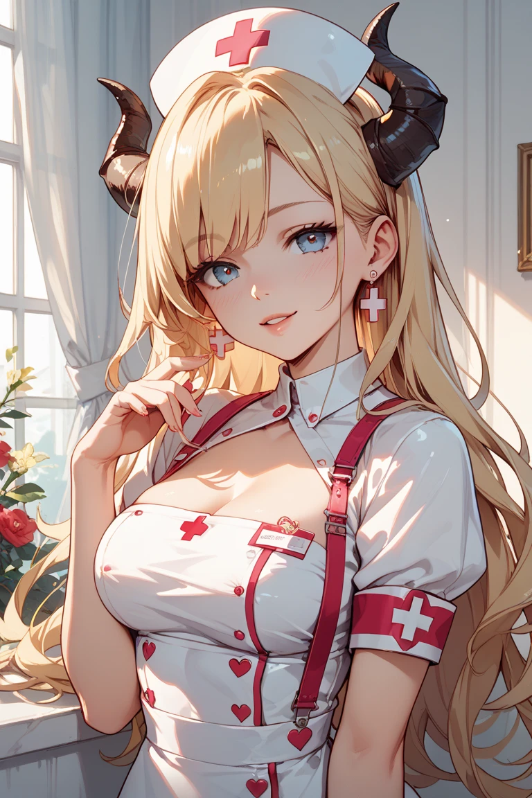 ((masterpiece, high quality, best quality, highly detailed, absurdres)), 1girl, (eyeshadow, eyelashes, eyeliner, glossy lips, full lips), (twintails:1.2), blonde hair, red eyes, thighhighs, nurse, smiling, upper body, cleavage, large breasts,