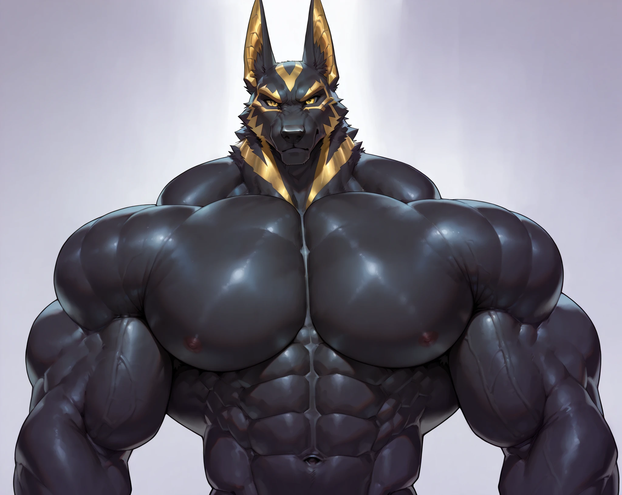 Uploaded on e621, (((by syuro))), ((Anubis, anubian jackal, muscular male, nipple, muscular body, huge pecs, muscular arms, muscular legs, abs, cute face, completely nude, hyper penis, huge penis, thick penis, veiny penis, long penis, pubes, body hair, hairy, foreskin, cum, cum drip, cum on penis, huge balls, saggy balls, low hanging balls, foreskin)), ((seductive pose, smirk, evil expression, simple background))