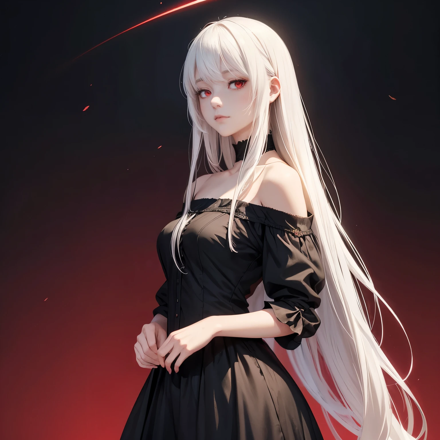 woman, anime style, realistic, white hair, bangs, long straight hair, victorian dress, black dress, off shoulder dress, red eyes, empty eyes, no emotion, no smile, no makeup, dark background, old vintage, red light, no sunlight, front view.