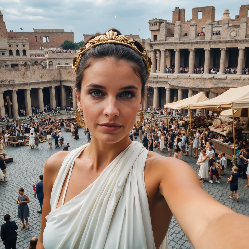 Beautiful brunette woman with blonde locks of very long and wavy hair , with green eyes of Spanish origin , avec un joli visage doux , dress neckline dress, big tits with heels in rome city