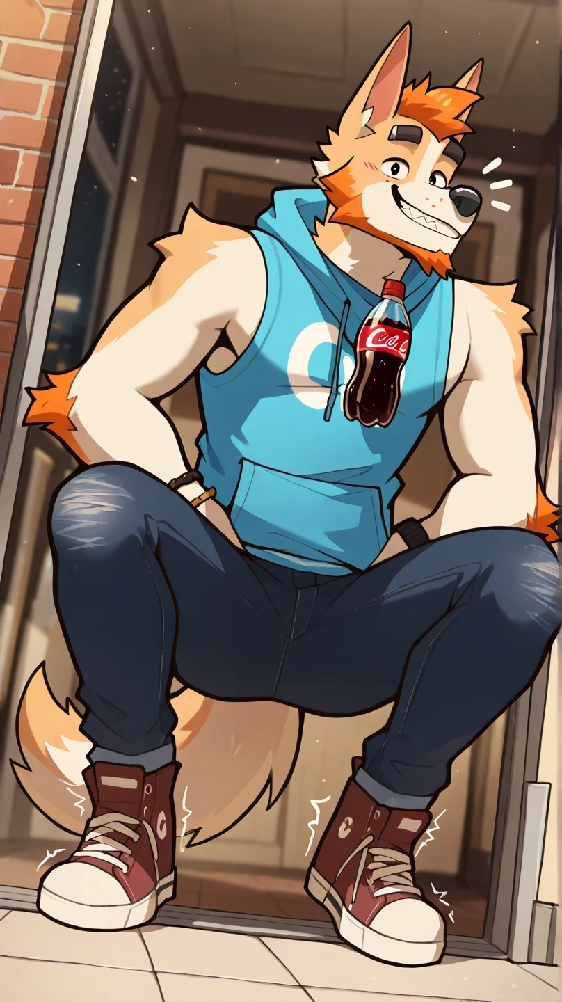 depth of field, decoladed background, eye Reflections, Reflections, Dutch angle, anthropo, adult, hairy, no human, cola, sound effect , flirty expression, seductive look, sound effect , lines of movement, by gr3yyy , Masterpiece, best quality, amazing quality, very aesthetic, Absurds, newer, male focus, 1 , hairy, Alone , hairy male, cola, animal ears, fitted jeans, of 19 around neck, of 19, dog boy , dog ears, full body, hood, dog cola, orange hair, Shaking, Shoes, smile, joyería, blue sleeveless shirt , bracelet, hand in the pocket, , looking at the spectator, squatting, En cuclillas, Forehead position,