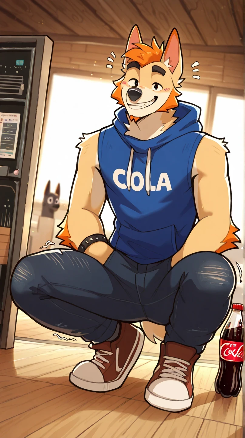  depth of field, decoladed background, eye Reflections, Reflections,   Dutch angle, anthropo, adult,  hairy,  no human, cola,  sound effect ,   flirty expression, seductive look,  sound effect , lines of movement,   by gr3yyy , Masterpiece, best quality, amazing quality, very aesthetic, Absurds, newer,  male focus, 1 ,  hairy, Alone ,  hairy male, cola, animal ears, fitted jeans, of 19 around neck, of 19, dog boy , dog ears, full body, hood, dog cola, orange hair, Shaking,  Shoes, smile, joyería, blue sleeveless shirt , bracelet, hand in the pocket, , looking at the spectator, squatting, En cuclillas, Forehead position,