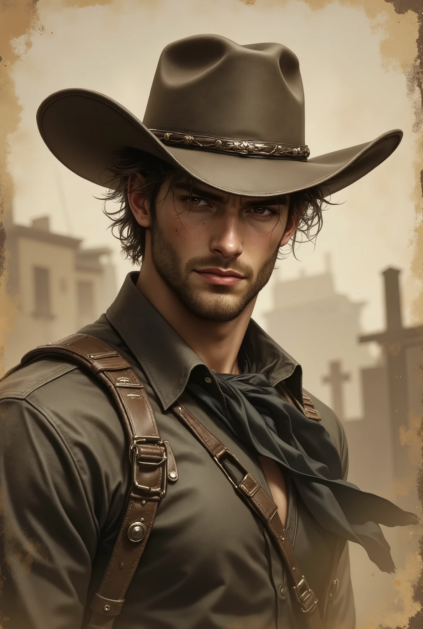 faded photo:1.5、Sepia:1.37、Faded Portrait、A 35-year-old man dressed like a cowboy.Ten-gallon hat、Leave for posterity、 He is light brown, Curly Hair., He has a little beard