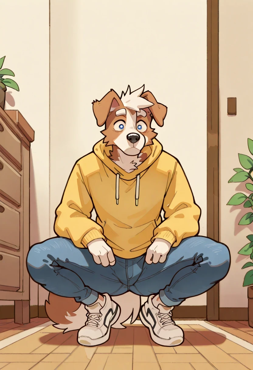 best quality, amazing quality, very aesthetic, Absurds, newer, Michi_(Oc), by gr3yyy , room, Plants, BREAK
hairy, 1 , Alone , hairy male, male focus, hairy, animal ears, dog ears, dog boy , yellow sweatshirt, skinny jeans, squatting , En cuclillas, white sneakers, fluffy tail