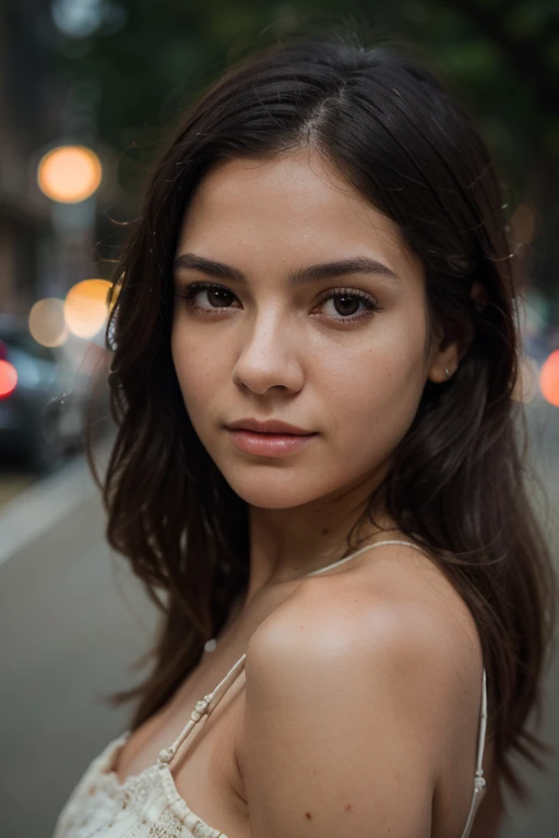 A photorealistic portrait of a 21-year-old Colombian woman with long dark and fluid hair and striking dark eyes. It should have a natural and accessible expression and be illuminated by a soft sunlight at the golden hour. The background should be an outdoor setting, perhaps a sunny beach. Capture this image with a high-resolution photograph using an 85 mm lens for a flattering perspective ideal for a profile photo.