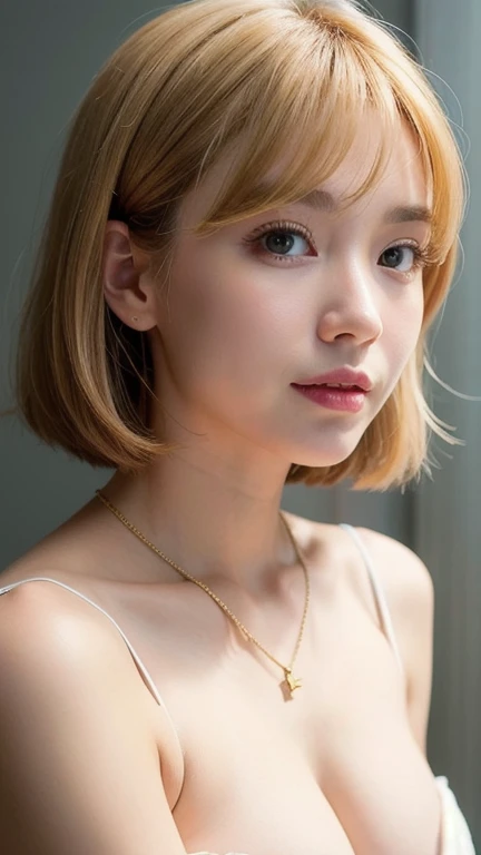 ((Highest quality, 8K, masterpiece :1.3)), Sharp focus :1.2, Beautiful woman with perfect figure :1.4, Slim Abs :1.2, ((Big Breasts, Emphasize cleavage:1.3)), (Photorealistic:1.4), (realistic:1.4), Highly detailed face and skin texture, Fine grain, double eyelid. Makeup face. A little bit of lipstick, necklace, Earrings, sex appeal, Sexy gravure pose, ((Beautiful woman wearing a white dress。The background is an urban cafe。A relaxed smile on your face。Her hair is long and blonde.。:1.3)