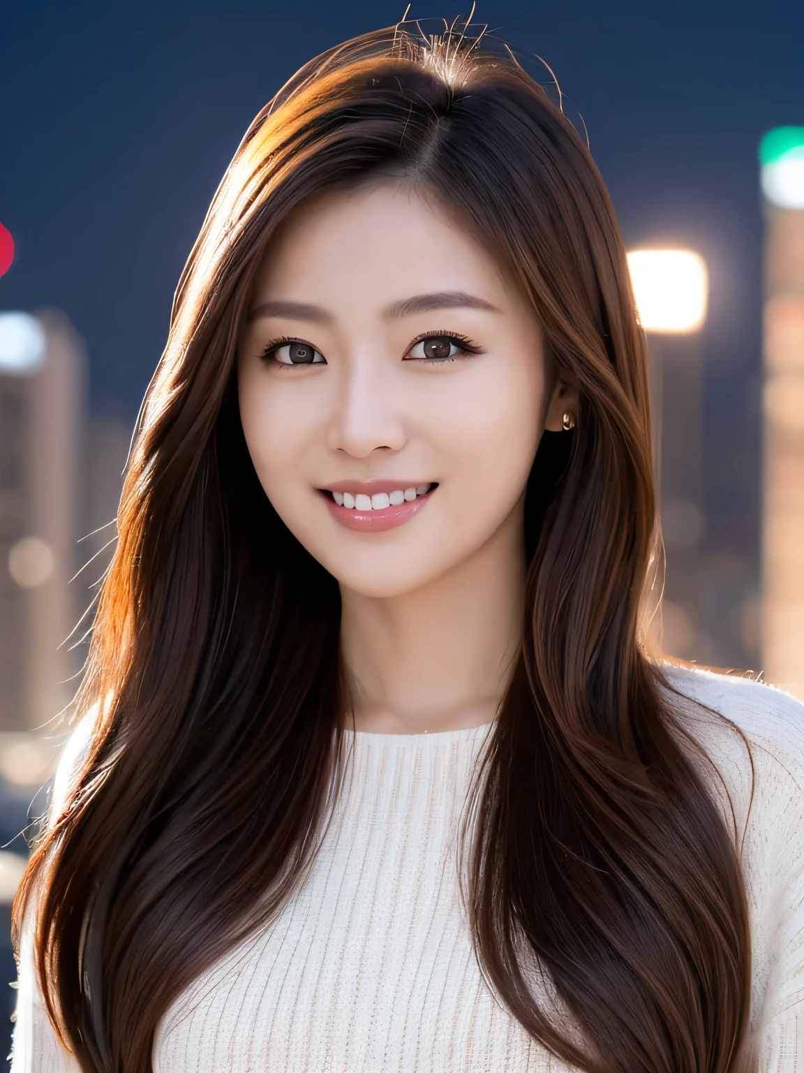 highest quality, full body, waist shot, masterpiece, dark eyebrows, ultra high resolution, realistic, very detailed, professional lighting smile, eagle nose, semi-long hair, random body orientation, background on urban city,