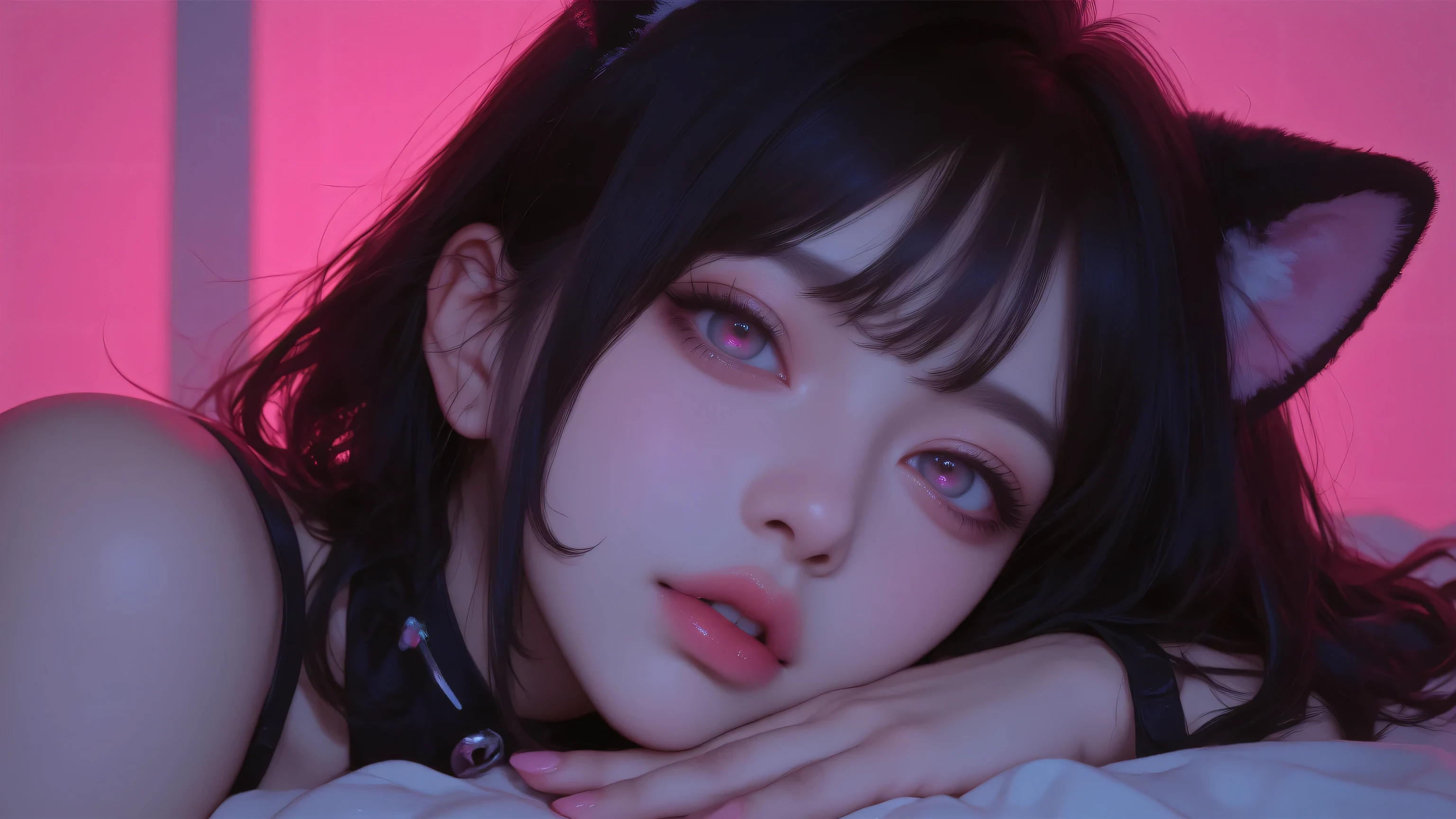 masterpiece, top quality, Highest Quality, high resolution, realistic, original photo, The perfect blend of 8K wallpaper and extremely detailed CG.
1 woman, Hatsune Miku , Moist Lips , Professional Photography, Fashion shooting, masterpiece, award-winning, Aesthetic _posture.lying on the bed,Put your chin on the bed,((Big purple glowing eyes widen)),Mouth slightly open,There are cat ears on the head ,looking at the camera, face close-up