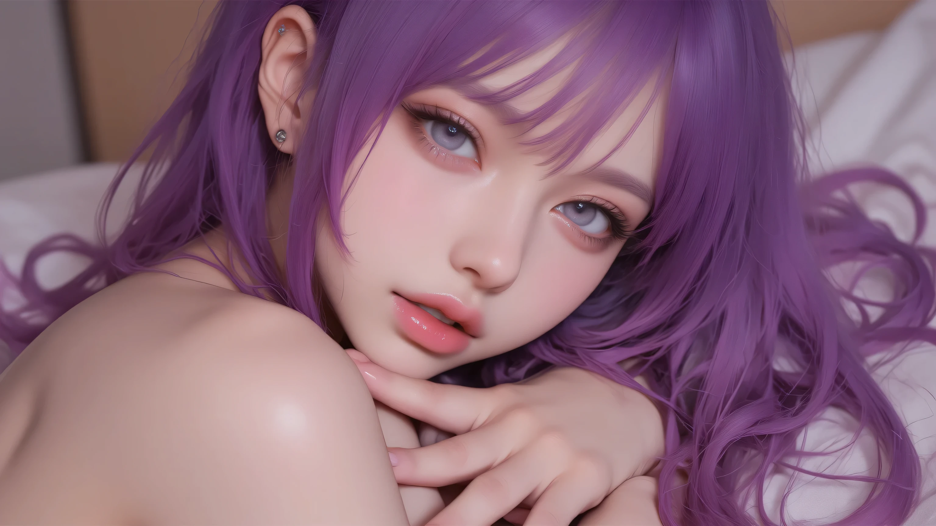  masterpiece, top quality, Highest Quality, high resolution, realistic, original photo, 8K wallpaper blends perfectly with extremely detailed CG.
1 woman,  Hatsune Miku ,  Moist Lips , Professional Photography, Fashion shooting,  masterpiece, award-winning, Aesthetic _posture.lying on the bed，Put your chin on the bed，((The purple eyes widen))，Mouth slightly open，looking at the camera， face close-up