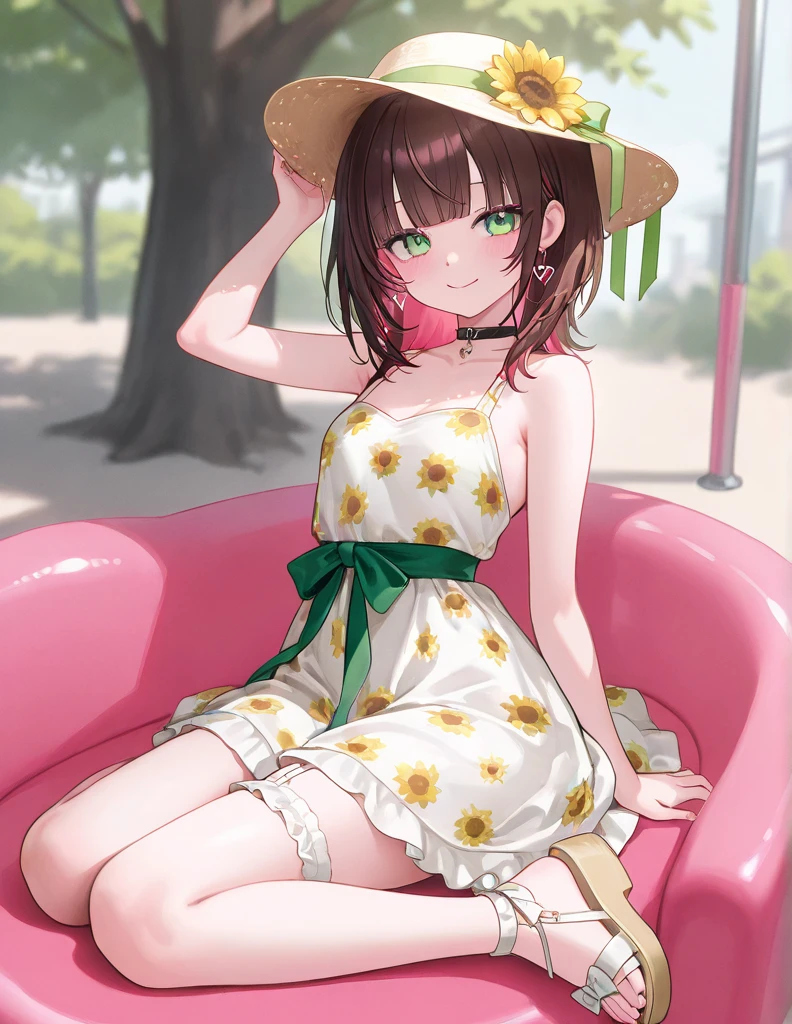 asakura_yume,Brown Hair,Medium Chest,Aqua Eye,White skin,(((Tavern))),((Sitting)),((Drinking alcoholic cocktails)),((Bust up shot)),(((((green_Summer Dresses))))),((valley)),No bra,smile,Open your mouth,