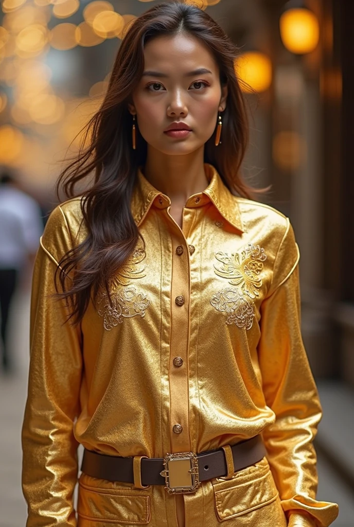 a young asian woman with short wavy brown hair, brown eyes, 28 years old, a photographer and influencer, beautifully detailed face and elegant pose, chic and stylish outfit, natural lighting, high fashion photography, cinematic color grading, dramatic mood, film grain, golden hour lighting, editorial style
