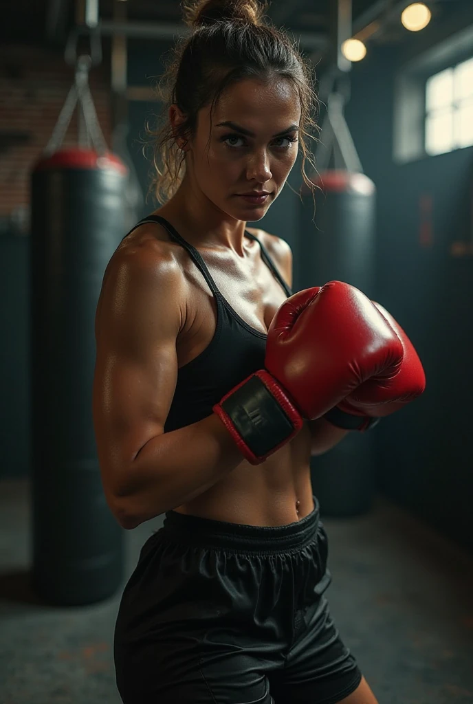 60 year old woman, beautiful, wearing a red sports bra and white shorts, sweaty, in a boxing ring, fighting an 18 year old girl, realistic
