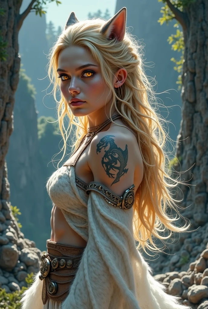A (((full-body))), ((ultra-detailed)), ((masterpiece)) fantasy art ((illustration)) of (((Alleria Windrunner))), a ((World of Warcraft)) character, in the style of the video game. She is a beautiful, young, female (((blood elf))) with ((long blonde hair)) and ((vibrant blue eyes)). She has exquisite caucasian features and ((very pale)) ((milky-white skin)), with a blue facial ((tattoo across her eye)). She has a ((very slim body)), with a tiny waist and ((skinny limbs)), but her ((breasts are enormous and round)), and they look far too big for her slender little body. She is wearing only severely ripped and torn ((tattered rags)) that barely cover any of her body, revealing ((massive cleavage)), exposing her midriff, and leaving her ((very thin thighs)) completely bare. Her porcelain skin is shiny with a ((sheen of sweat)). She is facing away from the camera but looking back over her shoulder, in a ((defeated pose)) that shows off her ((skinny thighs)) and ((tight little ass)). Her (((whole body from head to toe))) is shown.