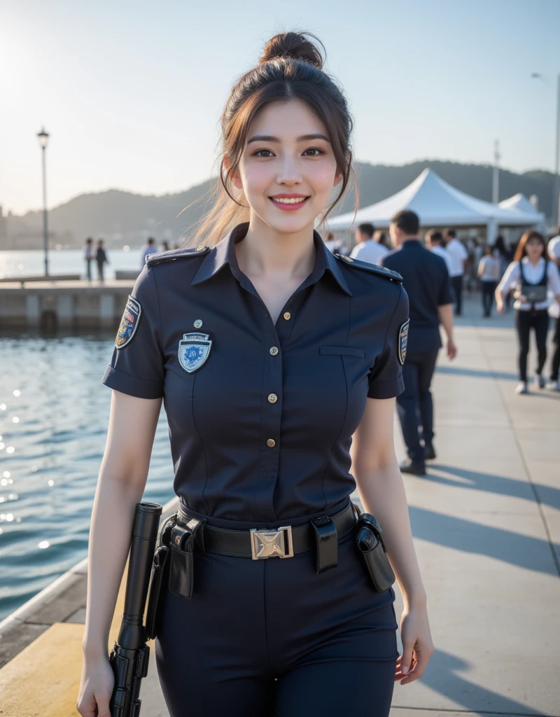 (top-quality,8K picture quality,​masterpiece:1.3,),(超A high resolution,Photorealsitic:1.4,Raw photography),(ultra-detailliert,Caustics,perfect anatomia),(Ultra-realistic capture,Beautifully detailed skin),(A police officer wearing a miniskirt stands proudly in front of a police car),Cross your arms,24 year old,kawaii,pretty black hair,a short bob,Single eyelid,A smile,stares at the camera,(large boob),cowboy  shot,natural soft light