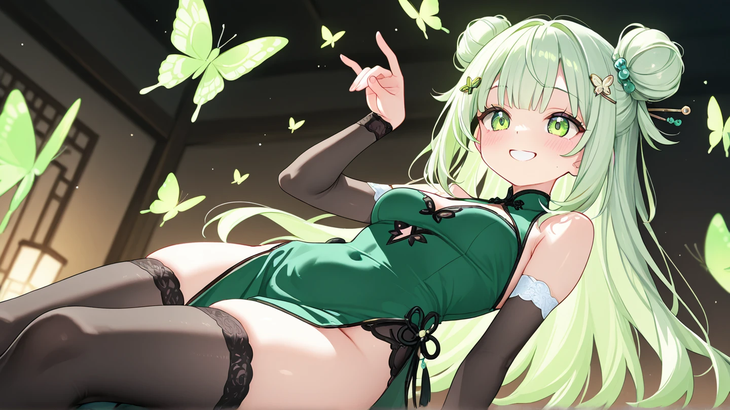 1 girl,Best quality, tmasterpiece, Long green hair, beautiful,detailed eyes, HD, super cute girl, super cute hairstyle, extremely detailed, Visually inspect the audience, The face is slightly red,is shy,adolable,Lori small breasts cleavage, skirt, pleated skirt, frills, frilled bra, (solo:1.6), seductive smile, (green eyes with beautiful pupils:1.7), (on her knees:1.5), (garden background with butterflies and flowers around:1.2),