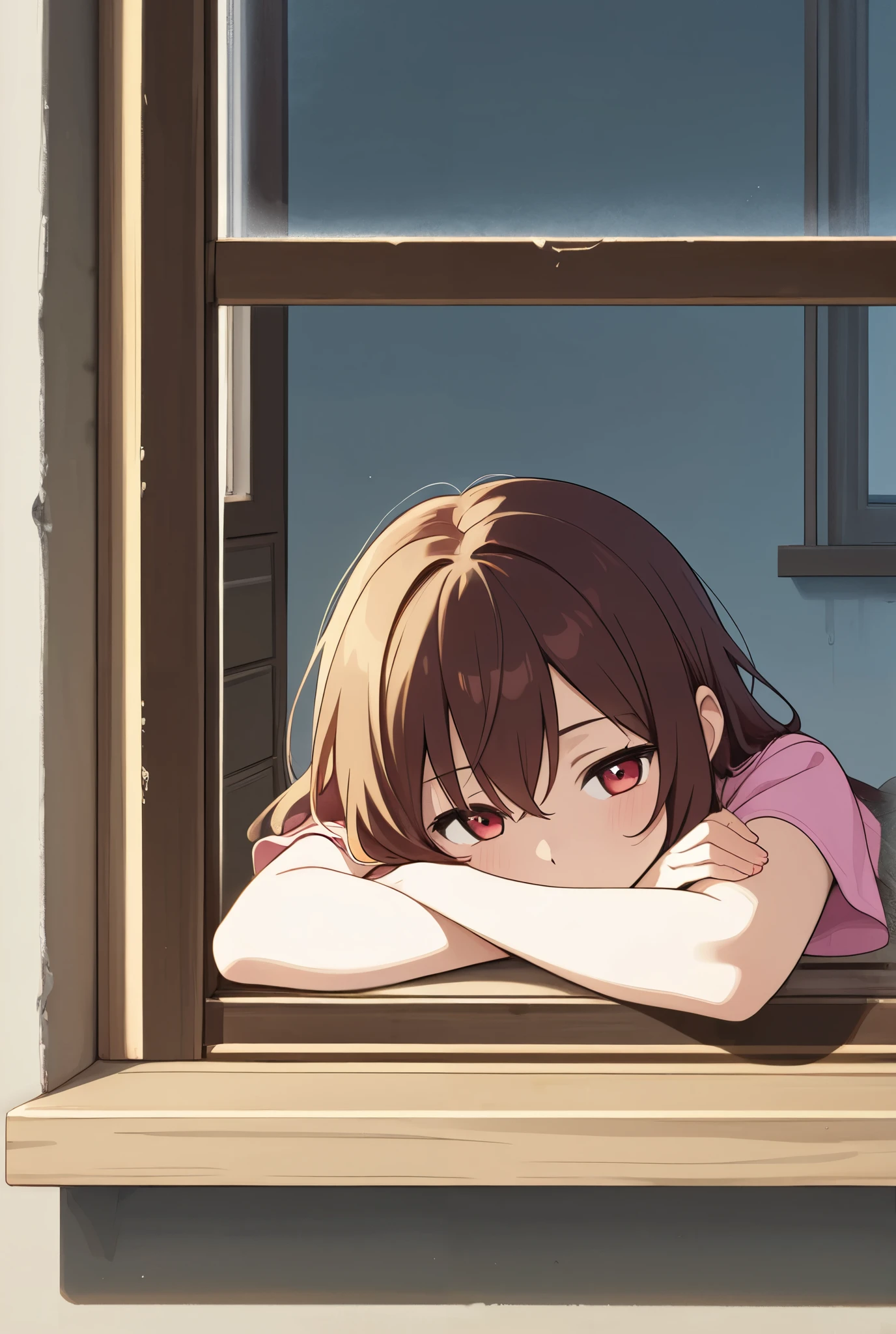 It generates the image of a girl lying on her arm resting on an open window. anime style