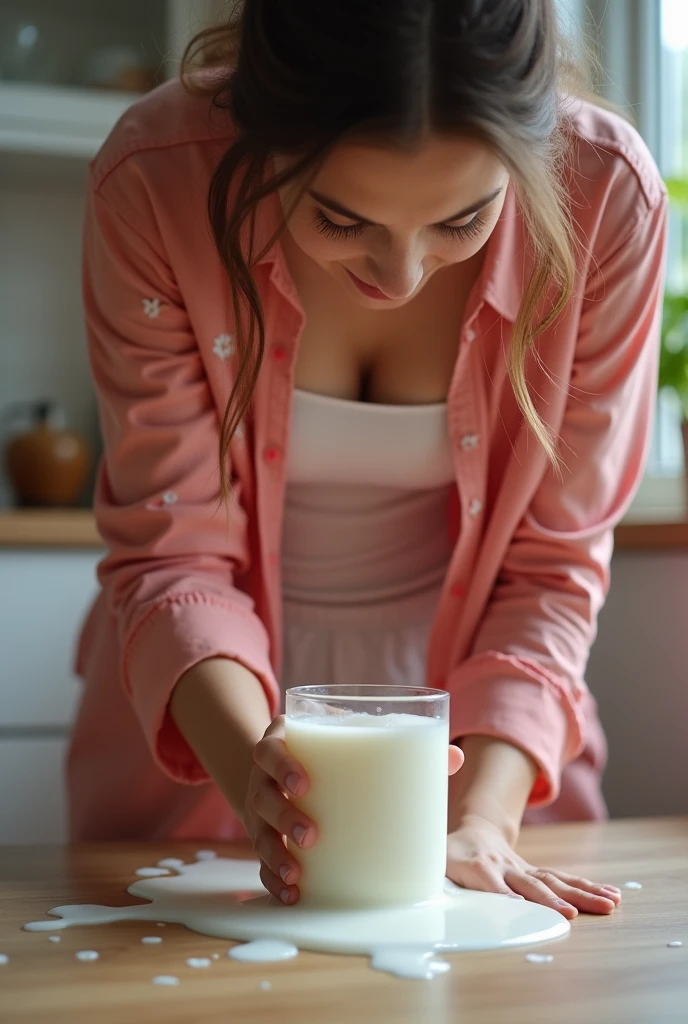 Create a large room where there is a black woman who is wearing clothes , removing the milk with a MILK pump , colocondo in a plastic bag. The environment should be calm and have a sink and refrigerator to store the milk. No belly and with a pink and blue wall..