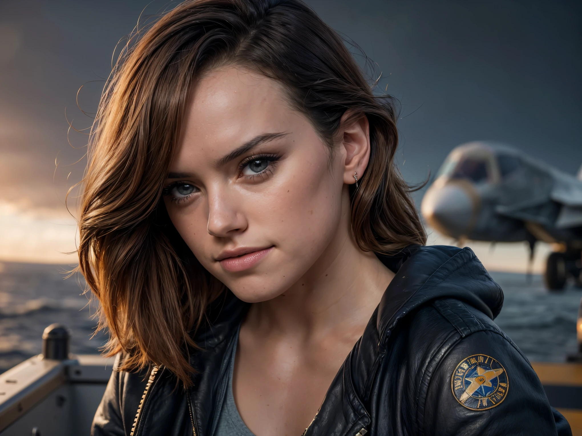(Daisy Ridley, hazel-brown eyes), (best quality, 4k, Altas, master part:1.2),(large breasts:1,perfect round butt, smling),(wavy hair:1.1),ultra-detalhado, (standing),(slight smile), (denim jeans, t-shirt, black leather bomber jacket:1, wearing aviator sunglasses:1, the jacket has an insignia of the United State flag on the jacket shoulder:1.2, the wind is blowing her hair, standing on the deck of an aircraft carrier, F35 fighter jet in the background on the deck of the aircraft carrier), a figura deve estar deitada na cama de forma sedutora, A figura deve ter belos olhos detalhados, beautiful detailed lips, and extremely detailed eyes and face with long eyelashes. A paleta de cores deve apresentar tons quentes, Enhancing the sensuality of the image. Lighting should be dramatic, highlighting the contours of the figure and creating a sense of depth and mystery