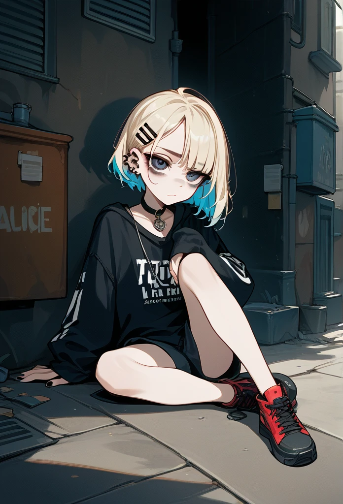 One Boy,neutral,Bob Hair,a blond,Black Hair Mesh,Cat-like eyes,Red hoodie suit,Put both arms in the pockets of your hoodie,Bangs above the eyebrows,The background is blue sky,Red cheeks,sitting on,boredom,high-level image quality,masterpiece