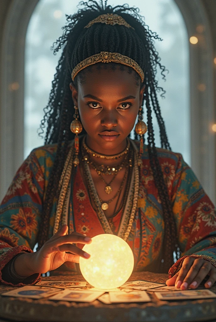 (medium full shot) of (otherworldly fortune teller) young woman, south african, dark skin, black eyes, curvy build, extra long red dreadlocks hair, wearing a silk headscarf , dark violet evening dress with enchanting patterns, lace-up boots, glittery eyeliner, crystal ball, bangles,  set in  a bustling fair, with colorful tents, vibrant lights, a lively atmosphere, a mystical fortune tellerâs booth, woman smiling, ,Masterpiece,best quality, photo, realistic, very aesthetic, detailed face,