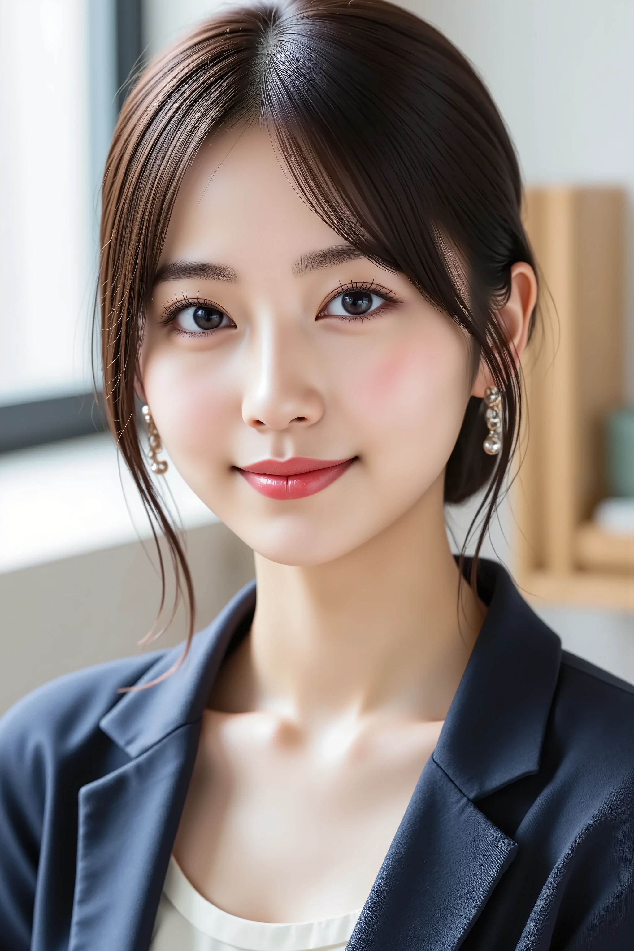 A highly detailed and ultra-realistic digital illustration of a beautiful young Asian woman. Her natural pink lips are clearly framed, with intricate hairstyling that completely captures her entire head, contains elegant hair accessories and clearly visible smooth styling. The composition perfectly centers her facial features, clear, sparkling skin, gently blushing cheeks, and bright expression, shows her teeth with an open smile, shows a warm and joyful expression. Her natural pink lips slightly open, showing a friendly and charming smile. Her big, expressive eyes shining, delicate eyelashes and subtle, elegant makeup enhances her professional appearance.
Accept her imperfections. The hairstyle is gracefully styled with smooth black hair, possibly in a neat bun or elegant loose waves, adding contemporary professional beauty to her exterior.
She wears office casual attire, a well-fitted blazer over a modest blouse, paired with either tailored pants or a knee-length skirt, in muted professional colors. The outfit is stylish yet appropriate for an office environment, with subtle accessories that complement her professional look.
The background is a modern office environment, with soft natural lighting coming through windows, contemporary office furniture, perhaps a desk with minimal decorations or a meeting room setting. Soft bokeh effect creates depth and an immersive professional atmosphere.
The overall image is extremely clear, hyperdetail, rendered in astonishing 8K resolution, ensures breathtaking realism and depth.