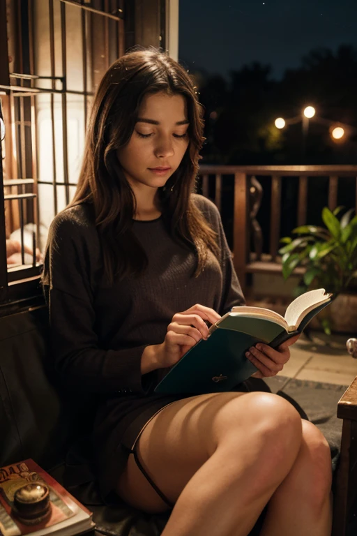 On a serene balcony, amber fairy lights intertwine with the deep blues of the evening sky. Potted plants with green and burgundy leaves create a cozy corner. A woman, wearing a soft pink sweater, enjoys a book, the world around her a blend of nature and nurture.