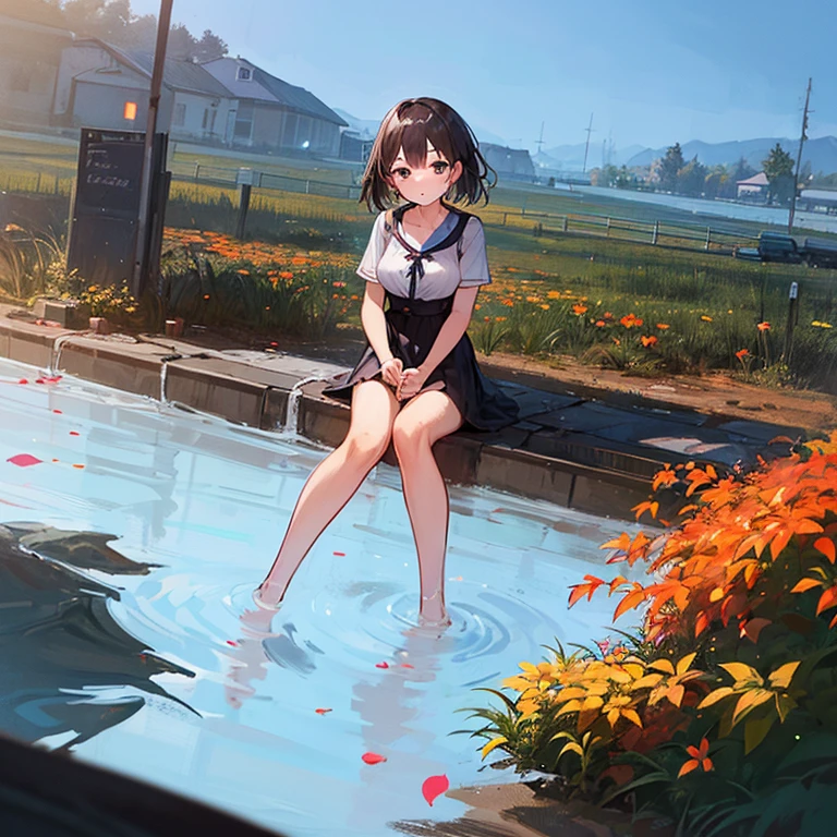 cabelos preto e longos,16-year-old girl,Wearing a uniform,White panty hose,without wearing shoes,sittinng on the river