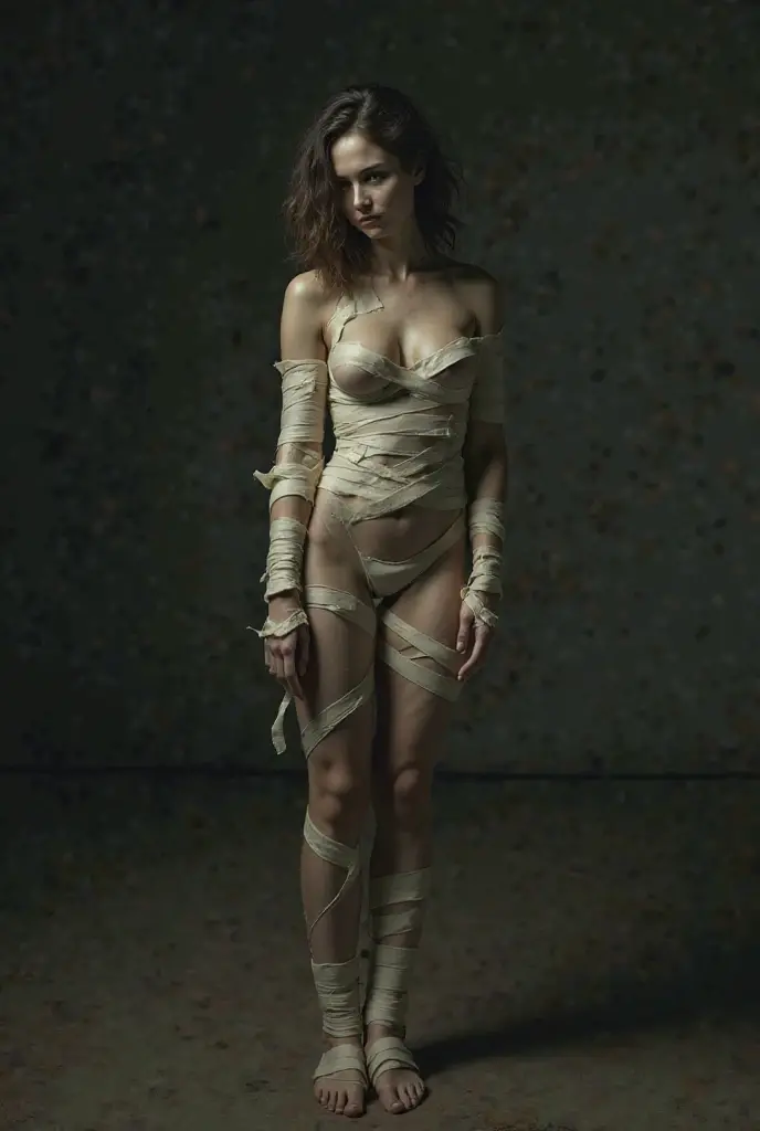 ((masterpiece)), ((best quality)), (high-resolution), (photo-realistic), (ultra-high detailed), 1girl, torn and ripped dress, full body flatfoot standing pose, ((hyper-detailed face)), ((small breasts)), futuristic room, sci-fi theme