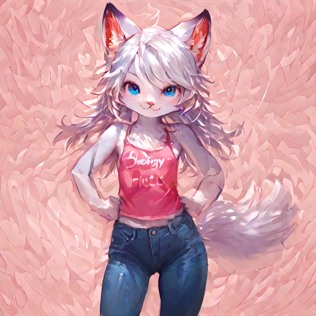 1 girl, Doll Fox Woman, Soft pink furry skin, Pink Heidi, Thick thighs, There is a long pink ribbon on the head, Pink heart-shaped pupils, Tight pink bikini,, Pink heart-shaped eyes,Big breasts,fox,Pregnant,full-body shot,pregnant ,Navel